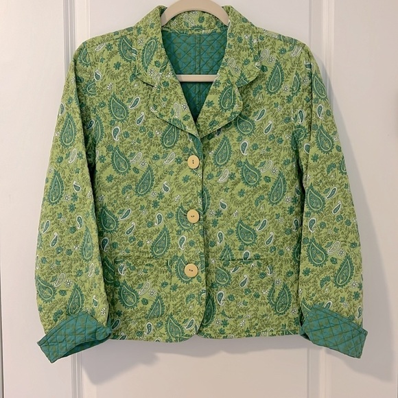 Vintage Quilted Reversible Norm Thompson Green Teal Paisley Print Cotton Jacket - Picture 11 of 16